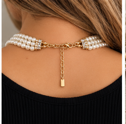 Back of pearl necklace worn by model