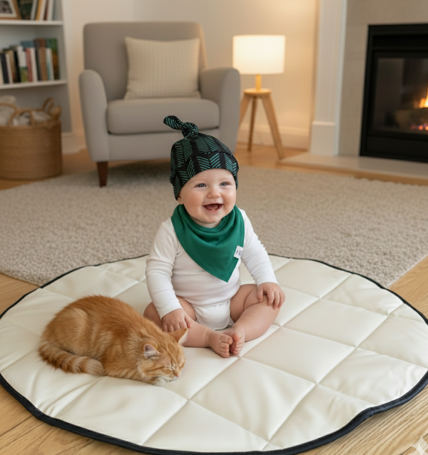 Baby sitting on a large mat with a cat, wearing green headband and bib, in a cozy living room.