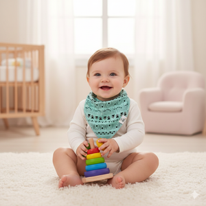 Baby sitting on a carpeted floor holding a colorful toy, wearing a green bib.