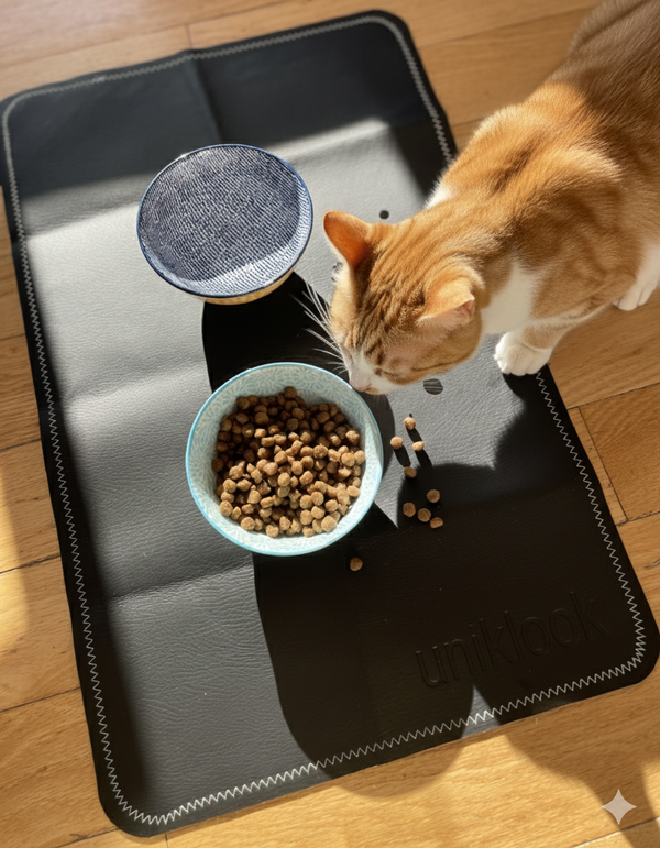 Leather pet food mat | 22"x14" | Black, Cream