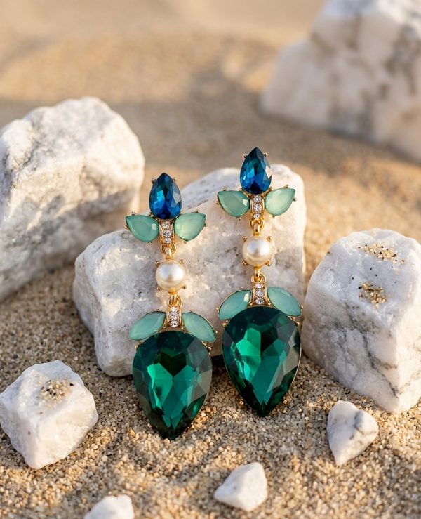 Green gemstone earrings with pearl accents on a stone surface