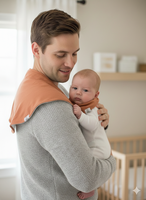 Man holding a baby wrapped in an orange wrap in a room with a crib and window blinds.