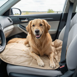 Dog sitting on a car seat cover inside a vehicle