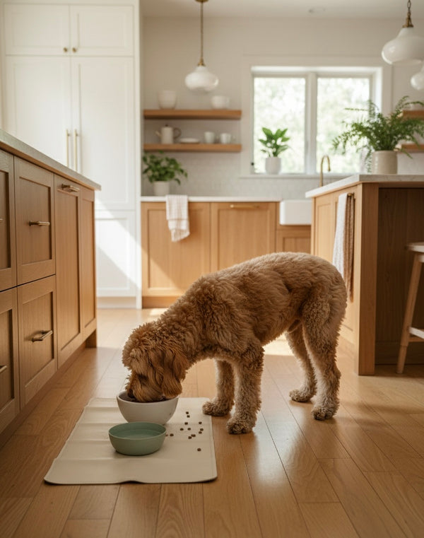 Dog eating from a bowl on a mat in a kitchen