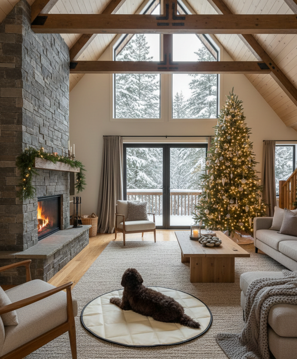 Cozy living room with a fireplace, Christmas tree, and dog on a rug.