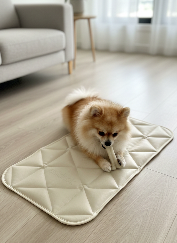 Small dog lying on a quilted mat in a bright living room.