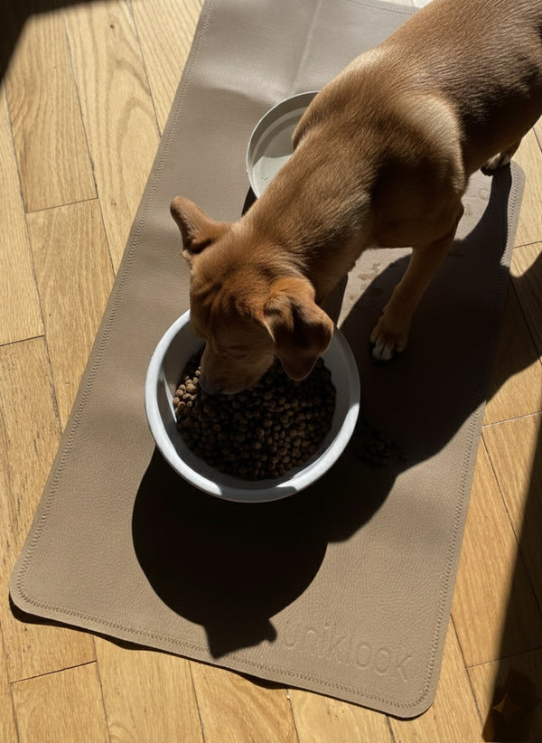 Leather pet food mat | 30"x16" | Tan, gray