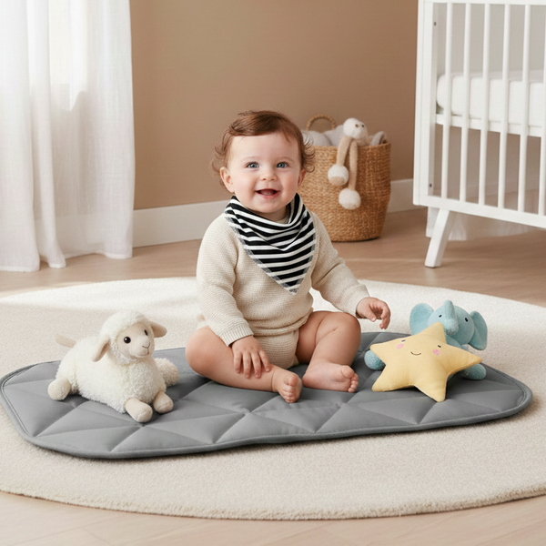 Baby sitting on a play mat with toys in a nursery