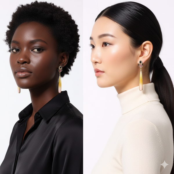 Two women wearing earrings with a neutral background