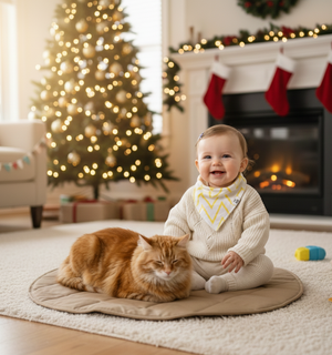 Baby sitting on a rug with a cat, Christmas tree, and fireplace in the background