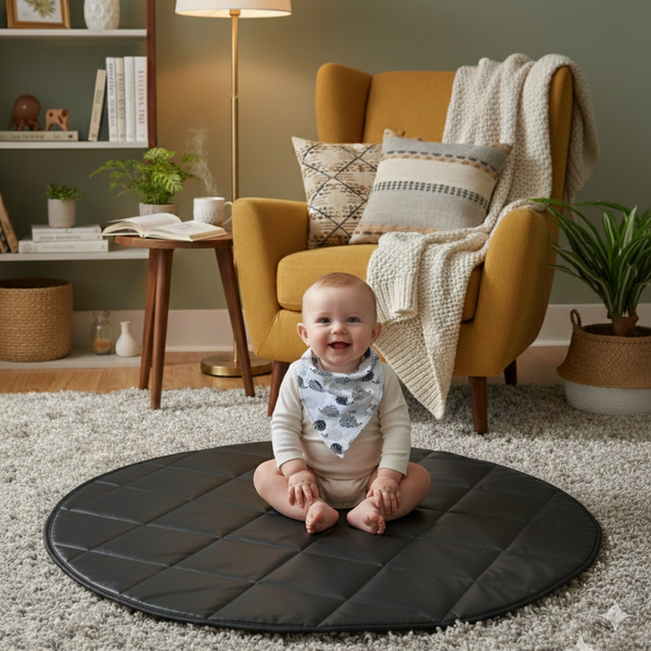 Baby sitting on a black mat in a cozy living room with a yellow armchair and decorative pillows.