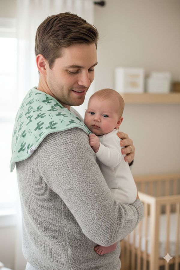 Man holding a baby in a room with a crib and neutral decor