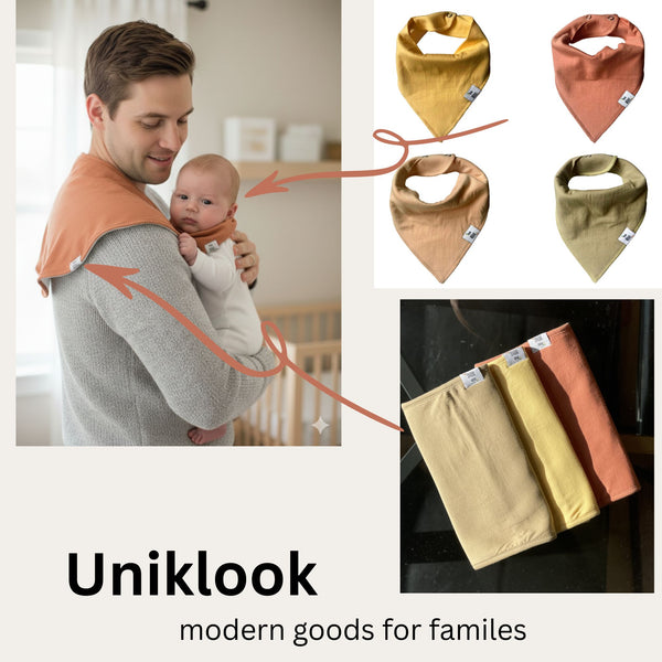 Man holding a baby with bandana bibs displayed alongside, featuring the brand 'Uniklook'.