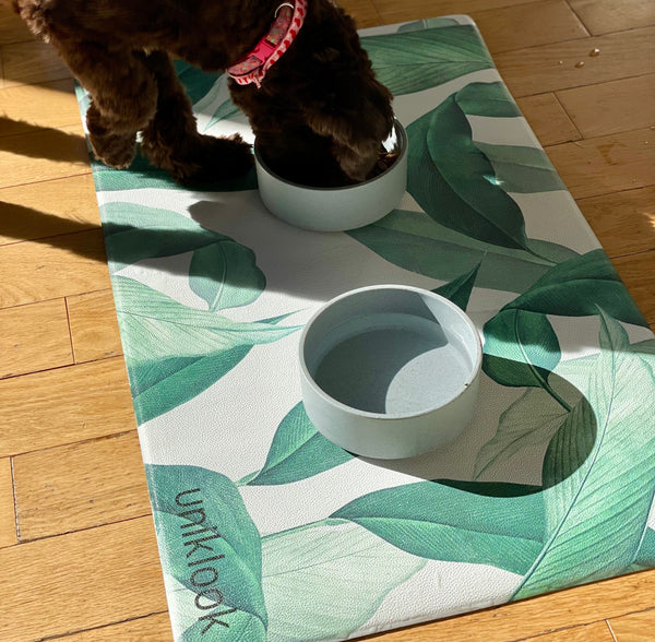 Dog drinking from a bowl on a leaf-patterned mat