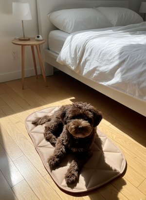 Dog lying on a pet bed in a bedroom with a bed and nightstand in the background.