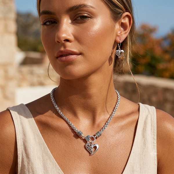 imeless Heart Charm Wheat Chain Necklace earrings set