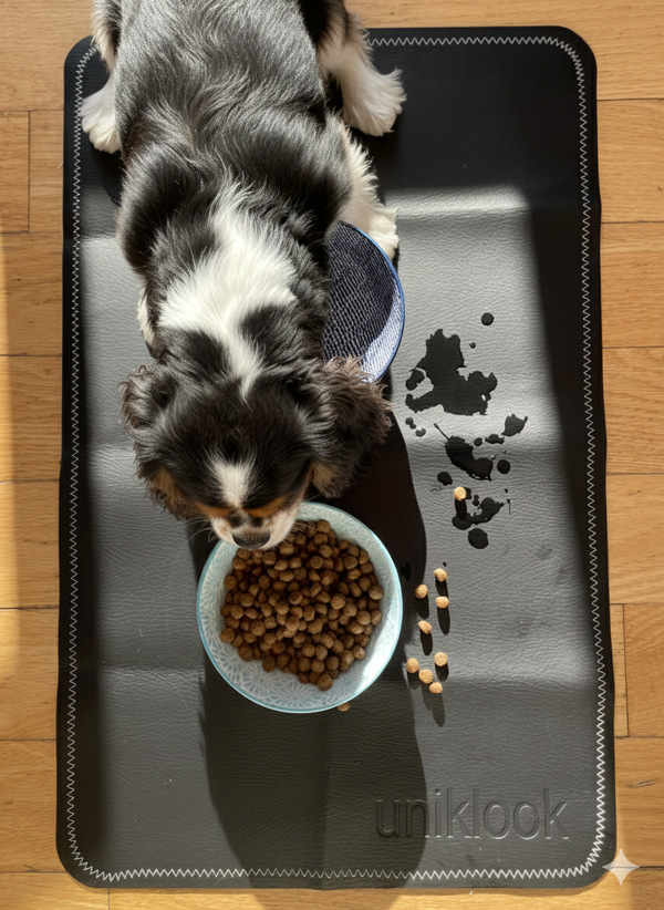 Leather pet food mat | 22"x14" | Black, Cream