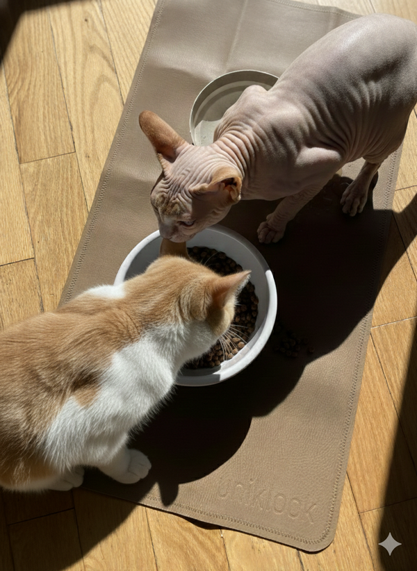 Two cats, one with a shaved head, eating from a bowl on a mat.