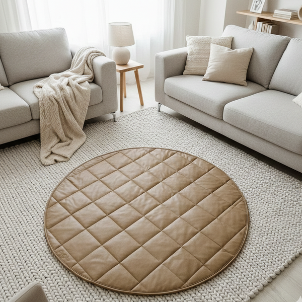 Round quilted mat on a textured rug in a living room with beige sofas.