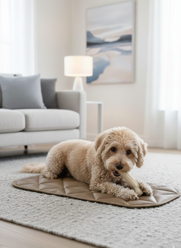 Dog lying on a quilted mat in a living room with a couch and lamp in the background.