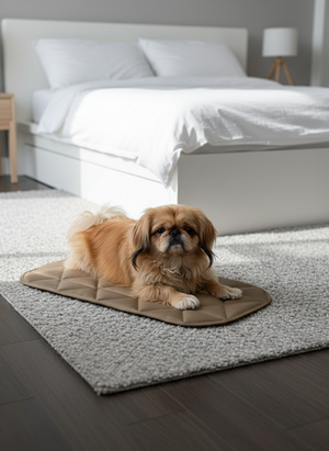 Dog lying on a pet mat in a bedroom