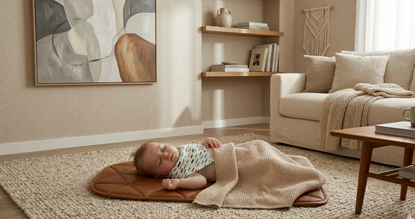 Baby sleeping on a rug in a cozy living room with a couch and coffee table.