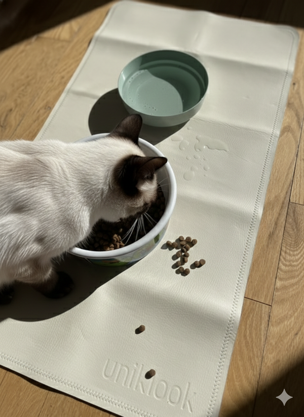 Cat eating from a bowl on a 'unikook' branded mat with a water bowl in the background.