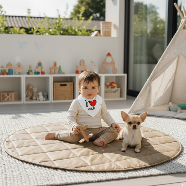 Child sitting on a round mat with a small dog, in a playroom setting.