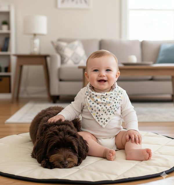 Baby sitting on a mat with a dog, both smiling, in a living room setting.
