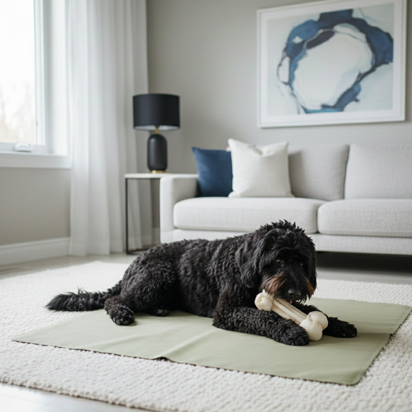 Dog lying on a rug in a living room with a couch and lamp in the background