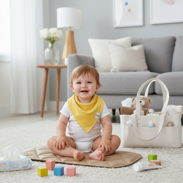 Baby sitting on a rug with colorful blocks in a living room setting