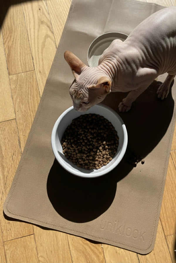 Leather pet food mat | 30"x16" | Tan, gray