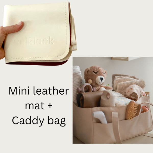Vegan Leather mat + Caddy Diaper Bag | Tan