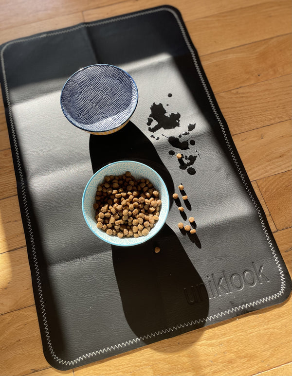 Leather pet food mat | 22"x14" | Black, Cream