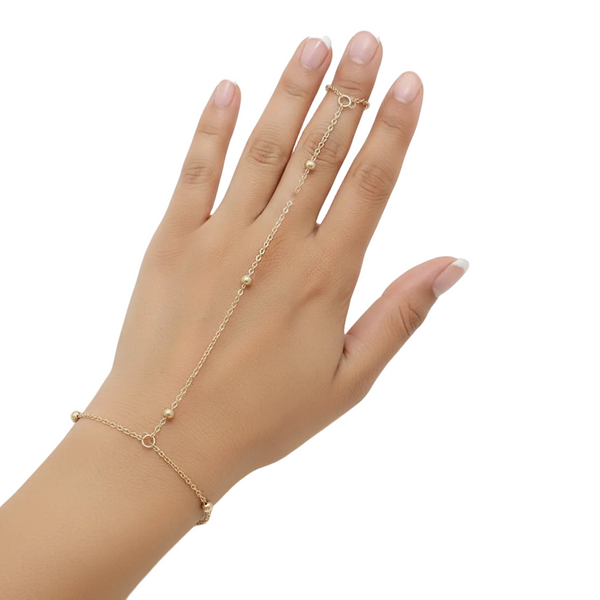Gold bracelet and ring on a hand against a white background