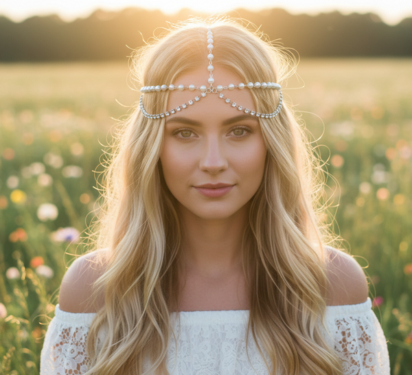 Woman with a decorative headband in a field of flowers during sunset