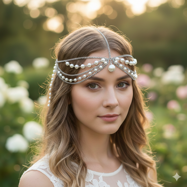 Head Chain W Shell Boho gold rhinestone pearl layered head chain Jewelry uniklook – Uniklook