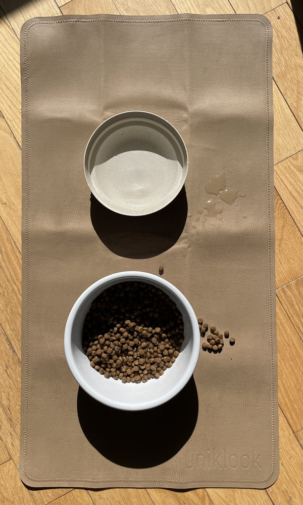 Leather pet food mat | 30"x16" | Tan, gray