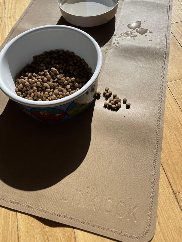 Leather pet food mat | 30"x16" | Tan, gray