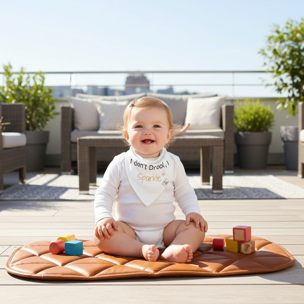 Bg mini bandana bib on a baby sat on a uniklook vegan leather amber playmat