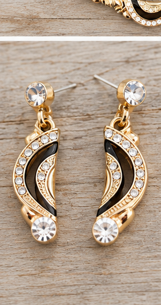 Matching gold black rhinestone drop earrings detail