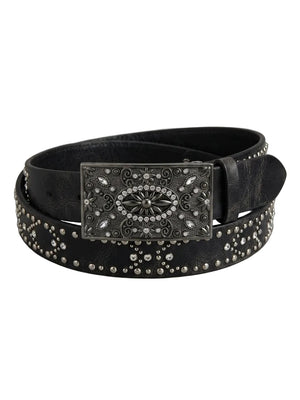 A black leather belt with a large ornate silver-tone buckle and silver studs, coiled on a neutral gray background.