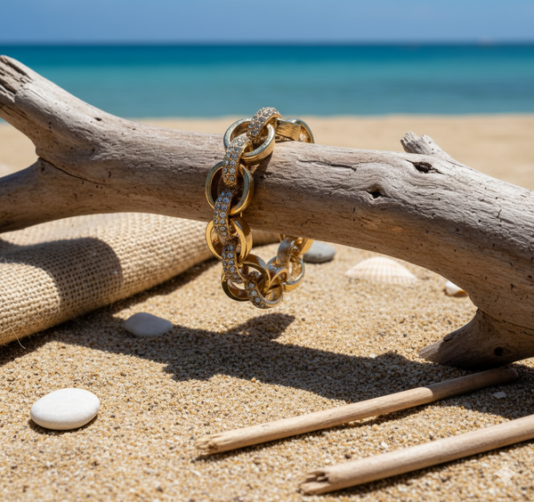 Gold chain bracelet on a piece of driftwood with a beach background