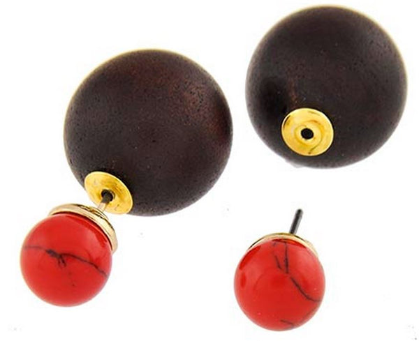 Wood & Red Ball Earrings