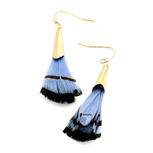 Blue + Black Feather Gold Drop Earrings